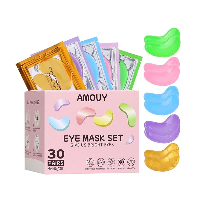 Amouy Eye Mask,30 Pairs for Dark Circles, Puffy Eyes, Undereye Bags,Wrinkles,Eye Mask with 24K Gold,Lavender, Blueberry, Pomegranate&Aloe Vera, Eye Treatment Skin Care for Men & Women Gift