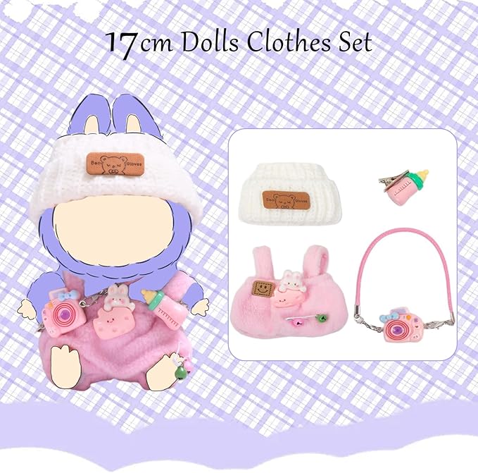 17cm Clothes for Dolls, Hat & Overalls Clothes Set Outfit for Dolls, Keychain Accessories for Doll, Suitable Gifts for Children (NO Doll)(3-Piece Pink)