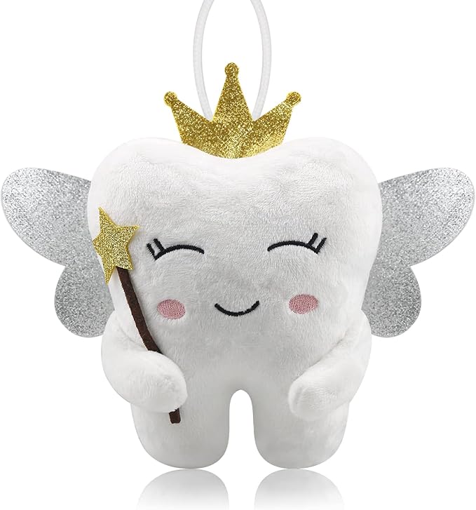 Tooth Fairy Pillow with Shiny Wings Embroidered Tooth Fairy Doll with Pocket Crystal Velvet Tooth Fairy Souvenir Boy Girl Gift (White) (White)
