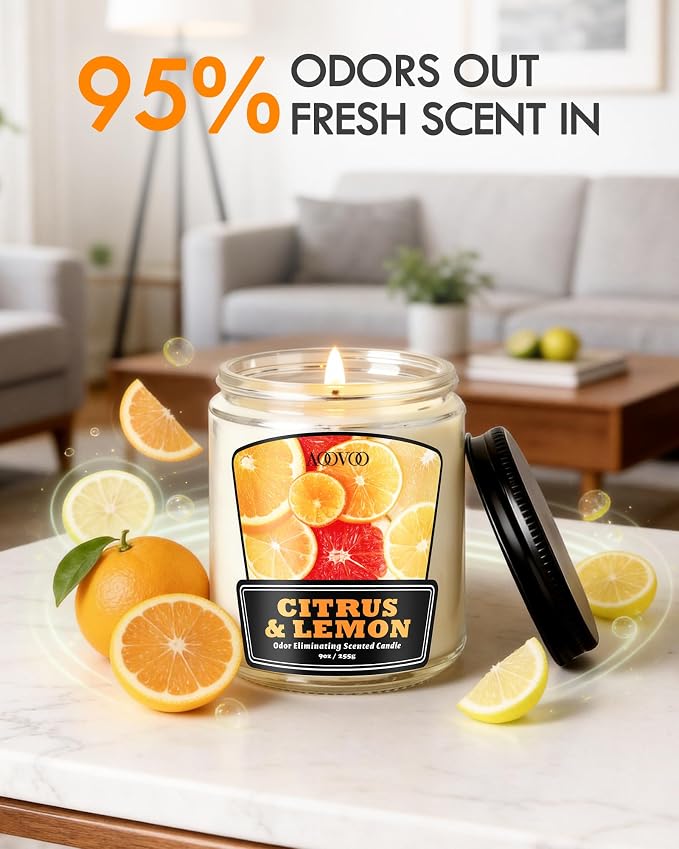AOOVOO Citrus Lemon 2 Pack Odor Eliminating Candle - Up to 100 Hours Burn time, Eliminates 95% of Pet, Smoke, Food, and Other Smells Quickly, 18 oz Non Toxic Highly Fragranced Air Freshing Soy Candle