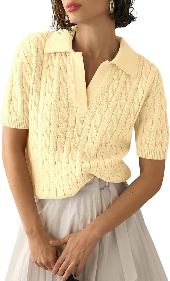 Imily Bela Womens Cable Short Sleeve Sweaters Tops Lapel V Neck Knit Shirt | Solid,Knit Casual,Soft Pullover,Fall Sweaters,Womens Summer Work Tops