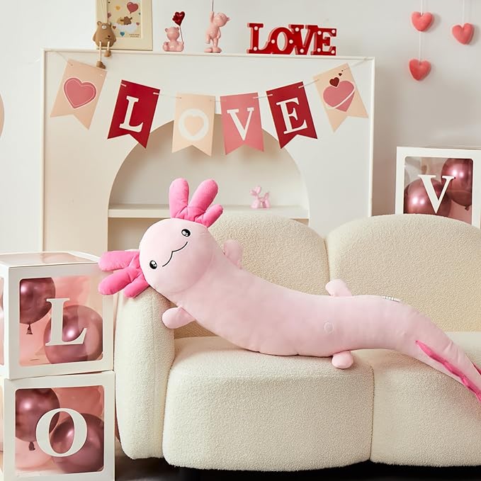 MaoGoLan Giant Axolotl Plush Body Pillow for Girls, Hot Pink Axolotl Stuffed Animal for Kids Adults, Large Salamander Plush Glow in The Dark, Holiday Birthday Christmas Valentines Gifts