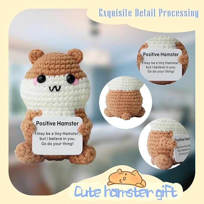 Hamster Gifts, Crochet Positive Support Hamster – Handmade Emotional Cheer Support Funny Gifts for Friend Coworker Birthday Christmas Stocking Stuffer White Elephant Under 10 Dollars