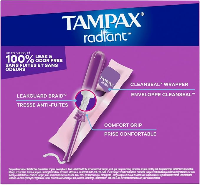 Tampax Radiant Tampons for Women, with LeakGuard Braid, Super Absorbency, Unscented, 42 Count, Packaging May Vary
