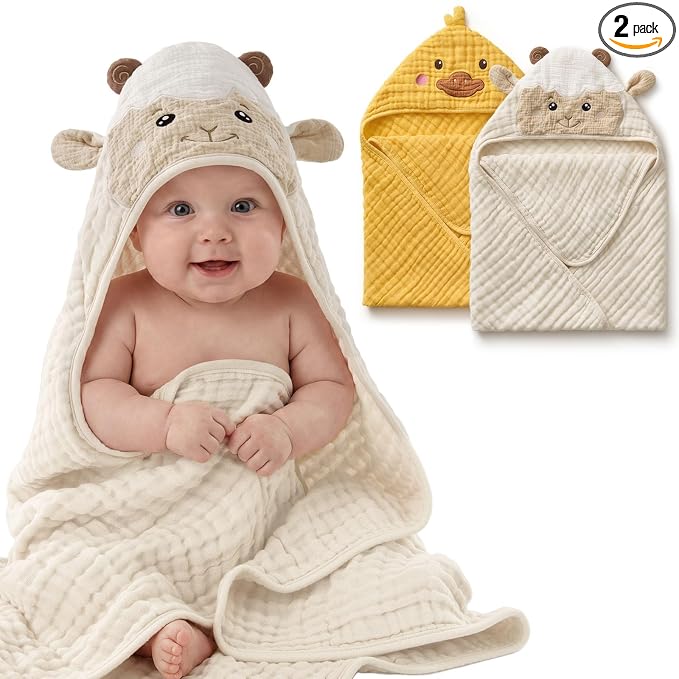 Blissful Diary Muslin Baby Hooded Towel 2 Pack, Soft & Absorbent Bath Towel for Infant, Toddler, Unisex, Baby Gift, Newborn Essentials, Sunny Duck & Gentle Lamb