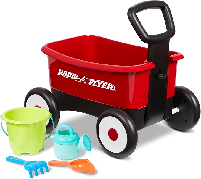 Radio Flyer Push & Pull Walker Wagon with Garden Tools, Red, for Kids 1-4 Years Old, Locking Handle for Stability, Baby Push Walker Converts to Pull Wagon, for Indoor & Outdoor Play