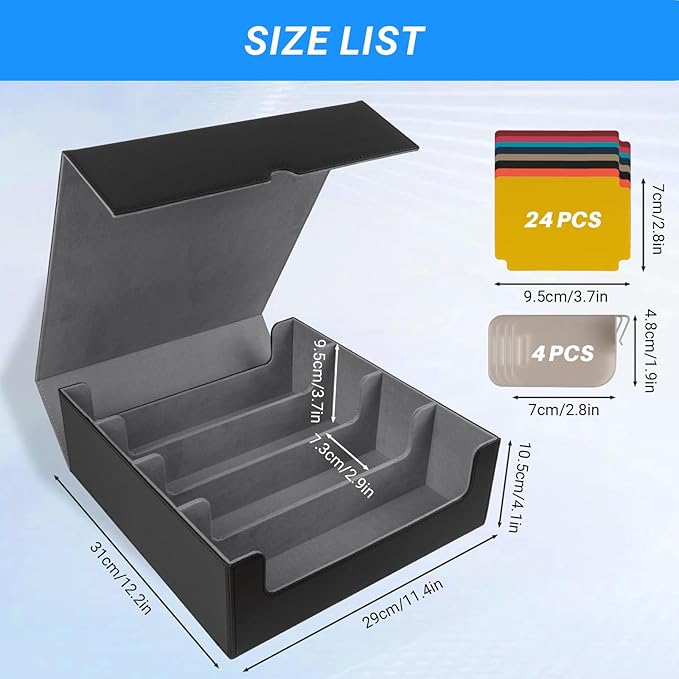 3000+ Collectible Trading Card Cases, 4 Rows Deck Case with 24 Pcs Dividers & 4 Supporters, PU Leather Fits MTG, Game & Sport Cards (Black & Grey)