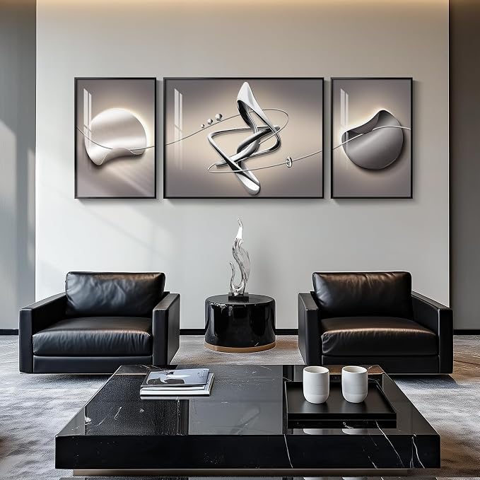 Extra Large Framed Modern Abstract Wall Art for Living Room, 3 Piece Black Grey Prints Wall Paintings Artwork for Walls, Silver Gray Luxury Wall Pictures for Hallway Entryway Foyer Stair Office Wall Decor 30x80 Inch