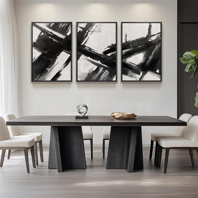 Large Framed Black and White Abstract Canvas Wall Art for Living Room, 3 Piece Modern Prints Paintings Artwork for Walls, Minimalist Abstract Brushstroke Pictures for Hallway Dining Office Wall Decor 24x36 Inch