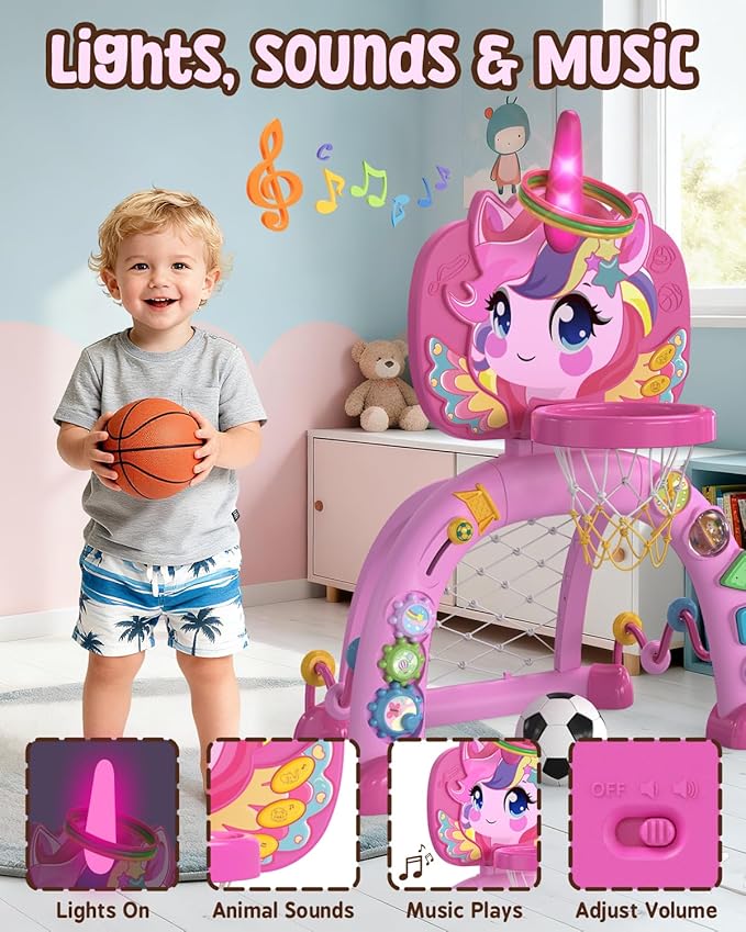 Toddler Basketball Hoop & Soccer Goal, Baby Toys for 1 2 3 Year Old Girls, Kids Sports Toys with Light Sound Music, Unicorn Musical Toys Gift, Christmas Birthday Gifts for Ages 12-18 Months