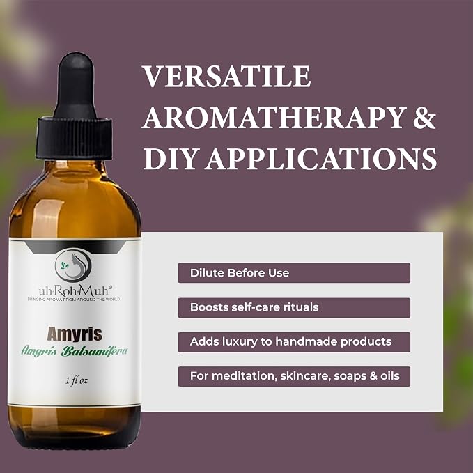 Pure Amyris Essential Oil – 100% Natural Steam-Distilled Amyris Balsamifera Oil from Haiti – Warm Woody Balsamic Aroma for Diffusers, Candles, Perfumes, Massage Blends, Skincare & Aromatherapy – 1oz
