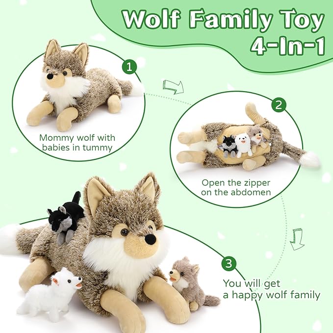 Tezituor 4Pcs Realistic Wolf Stuffed Animals Set, 20 Inch Large Mommy Stuffed Wolf Plush with 3 Baby Wolves Toy, Soft Gray Wolf Plush Pillow Gift for Boys Girls