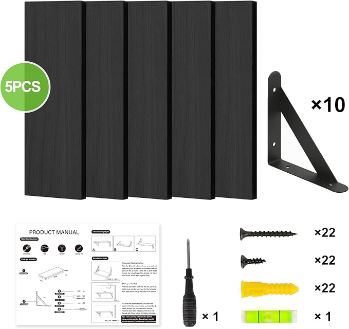 Fixwal Floating Shelves for Wall, Wood Wall Mounted Shelves for Bedroom, Bathroom, Living Room, Kitchen Storage and Decor(Black, Set of 5, 16.5 Inch)