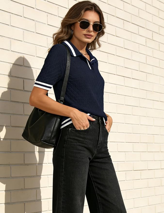 Rapbin Womens Short Sleeve Knit Polo Shirts Summer Spring Sweater Tops | Classic V Neck Collared Shirts Lightweight Business Casual Basic Fashion Pullover Polo Sweater for Work Formal Daily Wear