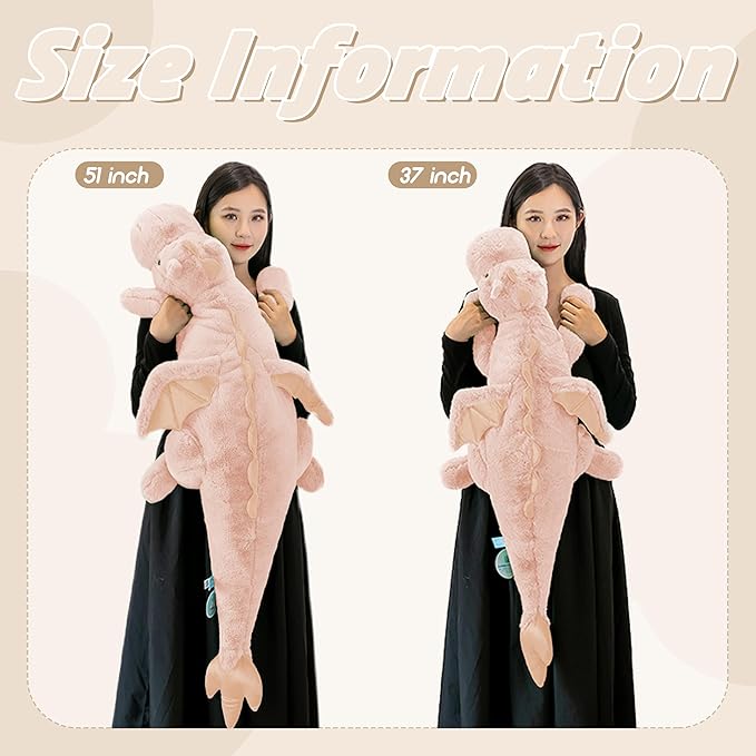 ARELUX Large 37in Cute Dragon Stuffed Animals Plush Toy Soft Pink Pterosaur Plushie Giant Fuzzy Dinosaur Pillow Plushies with Wings Cuddly for Friends Family Member