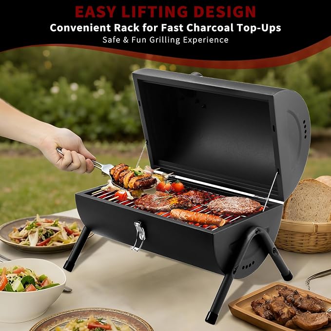 Portable Charcoal Grill, Tabletop Outdoor Barbecue Smoker, Small BBQ Grill for Outdoor Cooking Backyard Camping Picnics Beach by DNKMOR BLACK