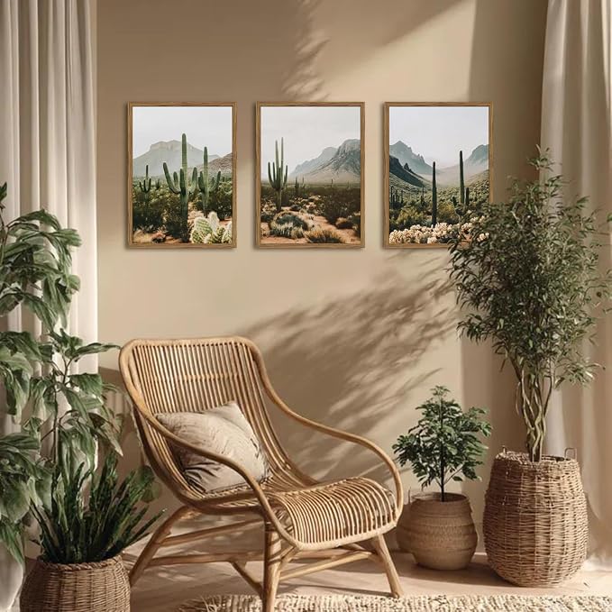 Framed Desert Landscape Wall Art Set of 3, Vintage Southwestern Cactus Wall Decor Paintings, Mexican Mountain Botanical Pictures Canvas Prints for Living Room Bedroom Bathroom Office 16x24 inch