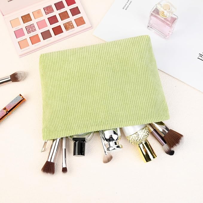 SOIDRAM 2 Pcs Corduroy Makeup Bag Large Cosmetic Bag Toiletry Bag Makeup Pouch Travel Bag Organizer Cute Makeup Brushes Aesthetic Accessories Storage Bag for Women Light Green