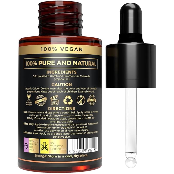 100% Plant Based Jojoba Oil Organic for Hair, Skin, Face & Nails | Aceite de Jojoba | Cold Pressed, Unrefined Body Oil for Deep Moisturizing, Anti-Aging & Scalp Nourishment | Natural Makeup Remover