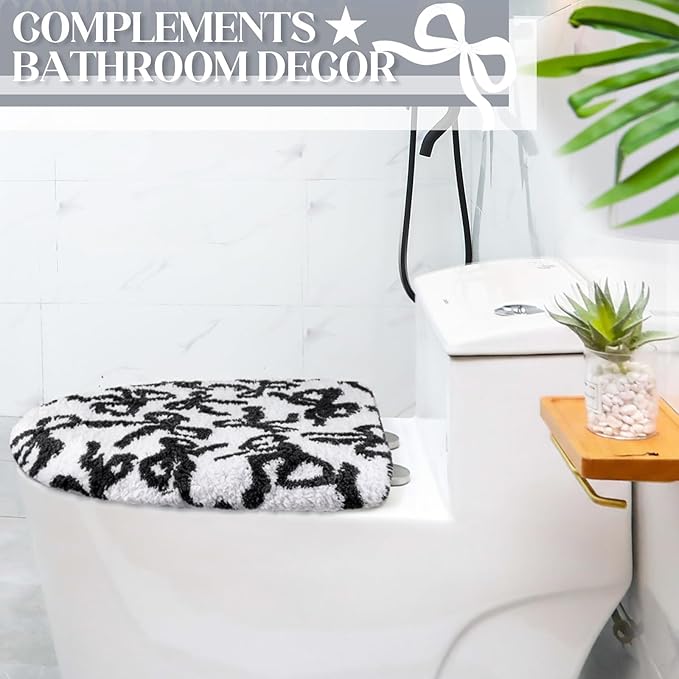 Black Bow Toilet Lid Cover Washable Coquette Cute Plush Toilet Cover for Bathroom Decor Soft Microfiber 17.5 x 15 Inch Non Slip Rubber Backing Fits Most Round, Elongated