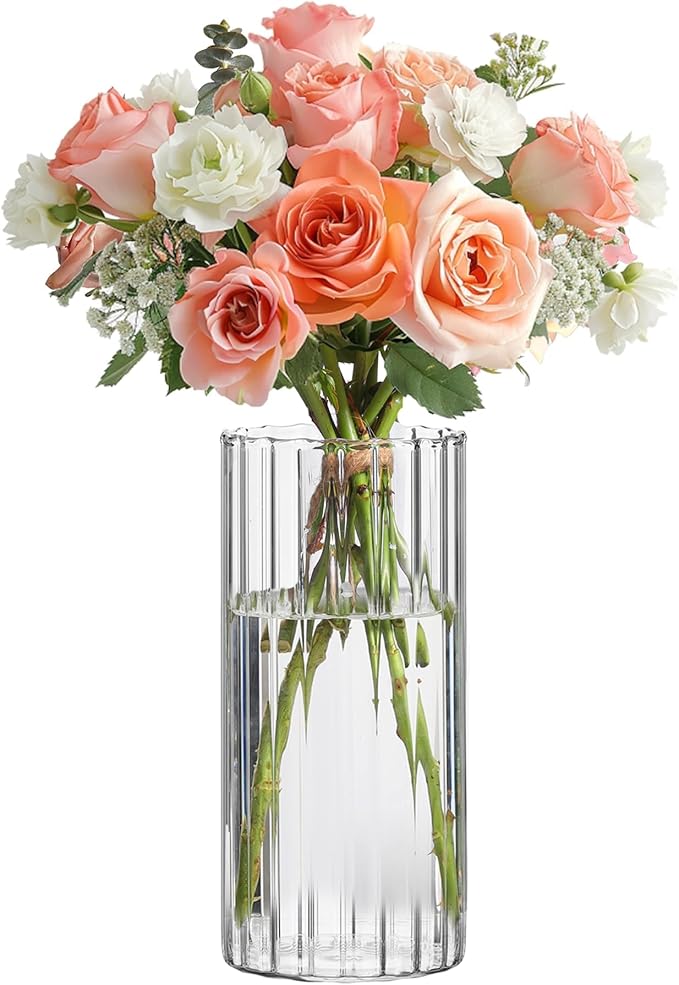 ComSaf Glass Cylinder Vase 8 Inch Tall, Clear Ribbed Decor for Centerpieces | Decorative Flower Vase, Hurricane Floating Candle Holder, Wedding Decor, Reception Table, Home Accent, Housewarming Gift
