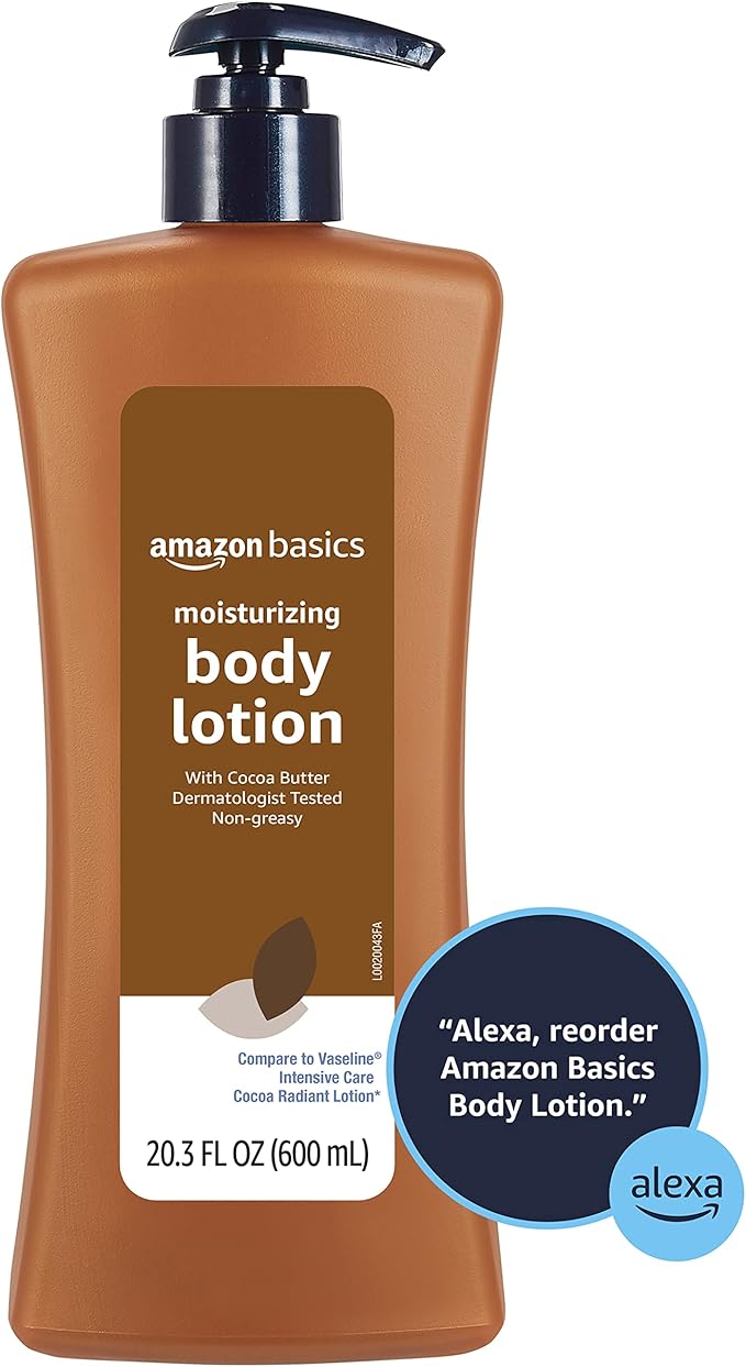 Amazon Basics Moisturizing Cocoa Butter Body Lotion for Dry Skin, Non-Greasy, Paraben Free, Lightly Scented, 20.3 Fl Oz