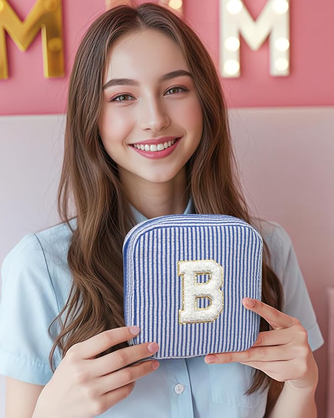KOTORA Preppy Makeup Bag for Women - Personalized Cute Makeup Pouch for Girlfriend Bridesmaid Wife | Cosmetic Travel Toiletry Bag for Friend | Birthday Gift Idea for Her Mom Preppy Stuff (Blue, B)