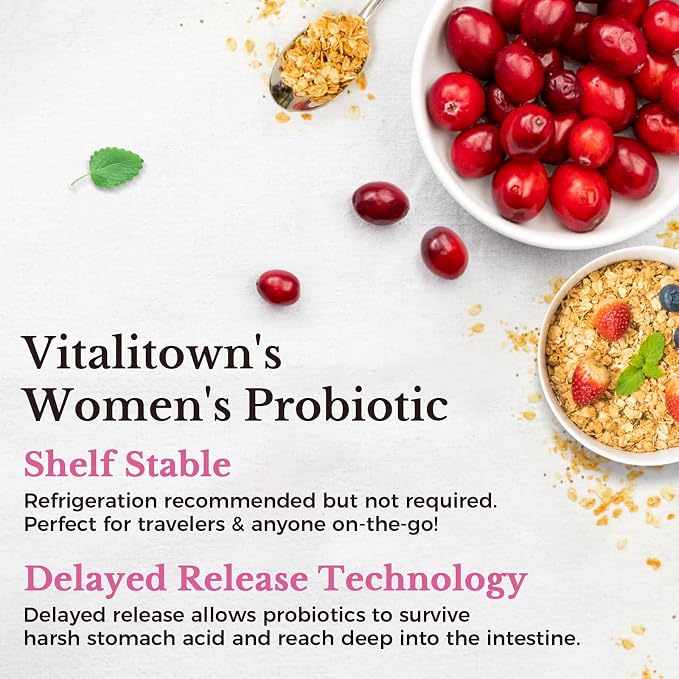 Vitalitown Probiotics for Women 120 Billion CFUs, 30 Strains, with Prebiotics & Digestive Enzymes & Cranberry, Gut & Vaginal Health, Vegan 60 (Pack of 1) Delayed Release Caps