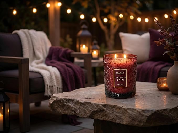 Bellevue Luxury Candles, 12 OZ Soy Blend Candle, Embossed Glass, Fragrances formulated with Essential Oils, Home Fragrances, Scented Candles Gift Set ǀ Scent: Cardamom & Plum