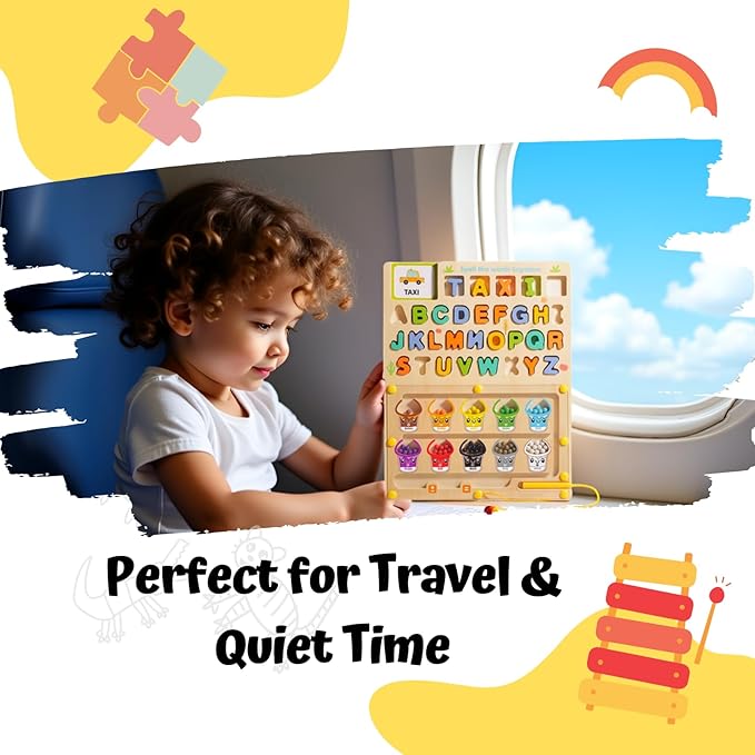 Wooden Puzzle Board for Kids Montessori Educational Toys Toddlers Preschool Learning Activities 3 4 5 6 Year Old Girls Boys Birthday Gifts Travel Toys for 3+ and Alphabet Magnetic Maze Ages 3-5