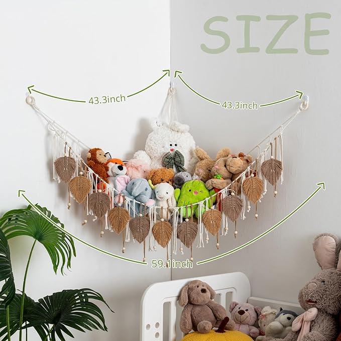 Pretty Jolly Macrame Stuffed Animal Hammock with Beads Hand Woven Leaf Tassels Corner Hanging Net Boho Plush Holder for Kid Room Nursery Deco Organizer for Girls Gift(Milkcoffee & Jute)