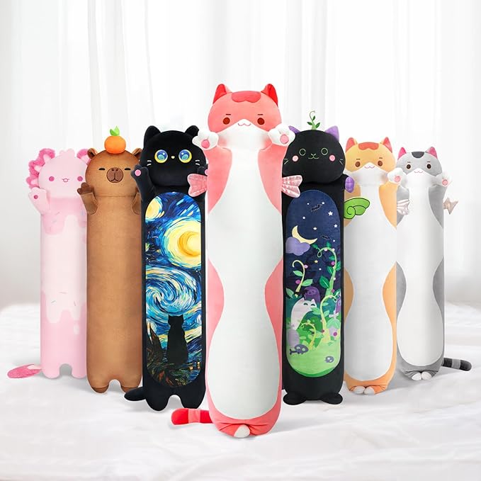 Long Cat Plush 5 Sizes, 120% Extra Filling Giant Plushness Kids Body Pillow, Kawaii Cute Pink Cat Stuffed Animals Plushies, Big Long Body Pillow Cat Plush Gift for Girls 20”