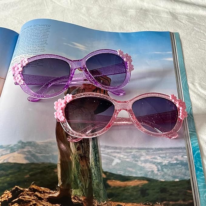 XINB LOOK Kids Sunglasses Girls, Cute Flower Frame Cartoon UV Glasses, Toddler Sunglasses Party Favor for Ages 3-10 (3, Cream-coloured/Transparent pink/Purple)