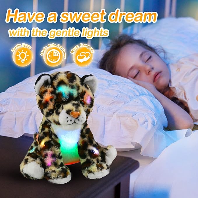 BSTAOFY 10’’ Light up Cheetah Stuffed Animal, Plush LED Leopard Plush Night Light, Companion Bedtime Jungle Toys Glow Afraid of Dark, Valentines Birthday for Toddler Kids Boys
