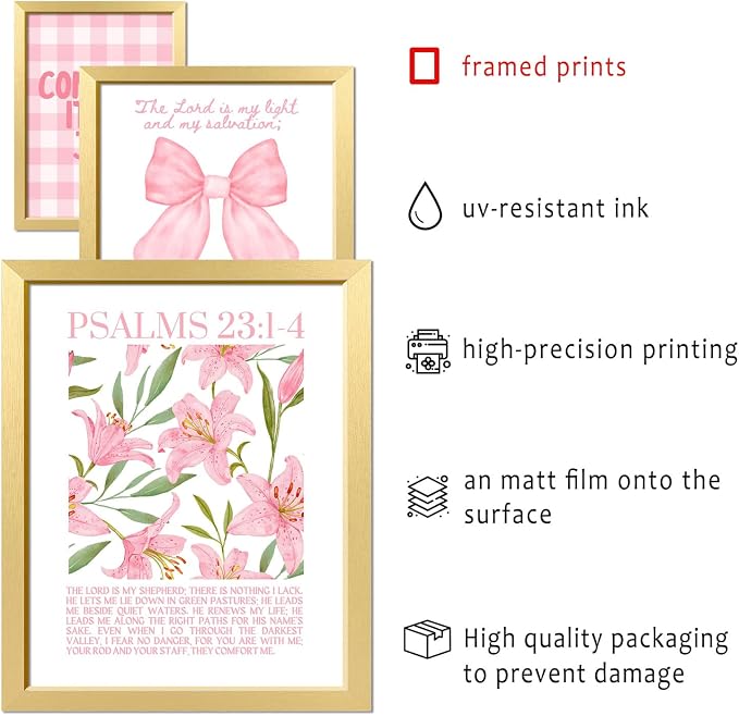 16 PCS Framed Christian Coquette Wall Art Decor, Pink Bow Bible Verses Wall Collage Kit Prints for Bedroom, Gallery Wall Frame Set, Jesus Posters for Living Room Aesthetic, Dorm Artwork for Girls Kids