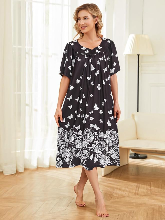 House Dresses for Women with Pockets Moo Moo Nightgown Short Sleeve Mumu Dress Lounge Dress S-3XL