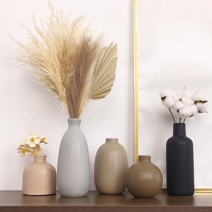 CUCUMI Ceramic Vase Set of 5, Home Decor Farmhouse Décor Handmade | Pottery Vases for Pampas Grass, Dried Fresh Flowers, Table, Living Room, Kitchen, Shelf, Entryway Mantel Neutral Tones