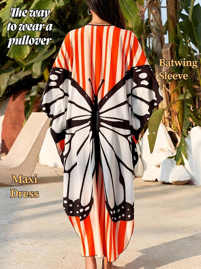 ChiaoLezhee Print Moo-Moos for Women, Kaftan Cover-Up Dresses, Sexy V-Neck High-Slit, Beach Pool-Party Coverups Muumuu Plus