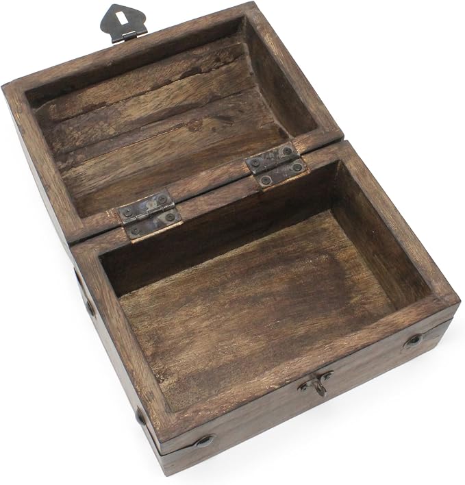 Treasure Chest Keepsake and Decorative Wood Box (Medium 6.5x4.5x4.5) - Storage Box, Wooden Box with Hinged Lid, Rustic Storage, Pirate Storage Box, Vintage Wooden Chest
