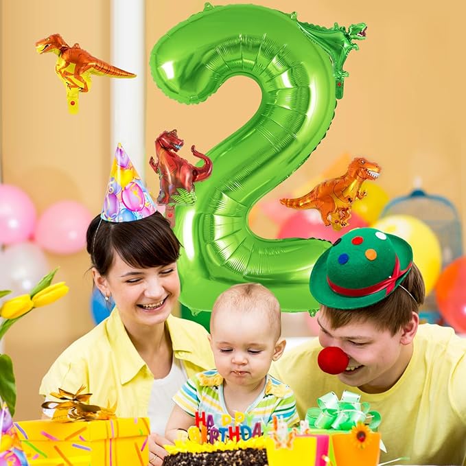 Dinosaur Green Number 2 Balloon, 40 Inch Big Large Foil Helium Green Number Balloon with 4 Pcs Mini Dinosuar, Dinosuar Balloons Set for 2 Year Old Birthday Party Decorations Supplies