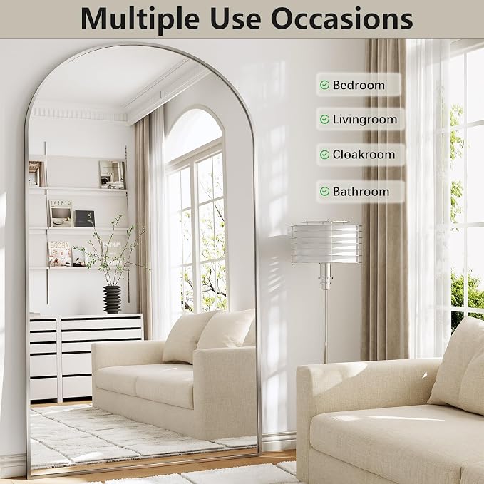 Oversized Full Length Mirror, 41"x81" Large Arched Floor Mirror Full Length with Stand, Room Decor Big Full Body Mirror with HD Tempered Glass Aluminum Frame for Bedroom Living Room, Silver