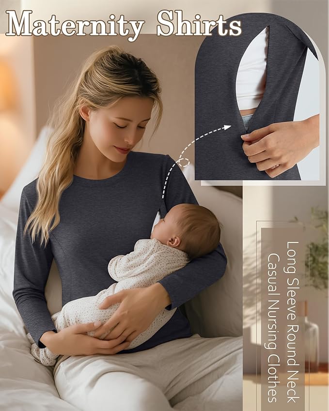 3 Pack Nursing Tops for Breastfeeding Maternity Shirts Zipper Long Sleeve Round Neck Knit Casual Nursing Clothes