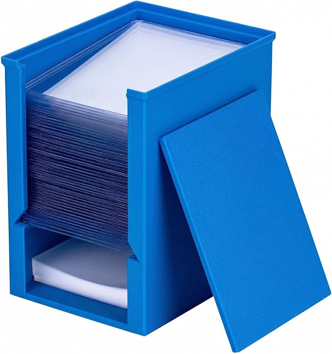 Toploader Dispenser & Penny Sleeve Holder - Dual Compartment Holds 250 Penny Sleeves & up to 50 Top Loaders, Stackable Card Storage Box with Dustproof Lid (Blue)