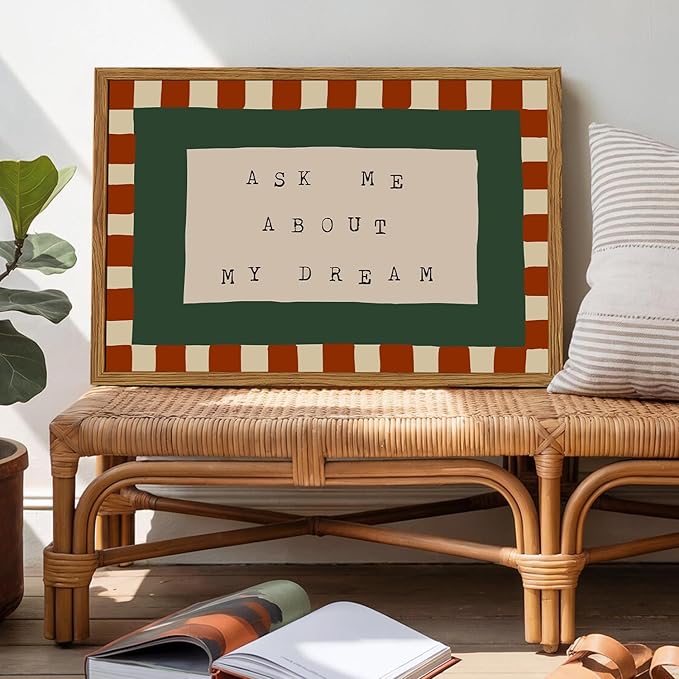 Framed Ask Me About My Dream Wall Art, Retro Red Green Checkered Pictures Wall Decor, Mid Century Modern Minimalist Text Paintings Canvas Prints for Home Living Room Bedroom 16x24 inch