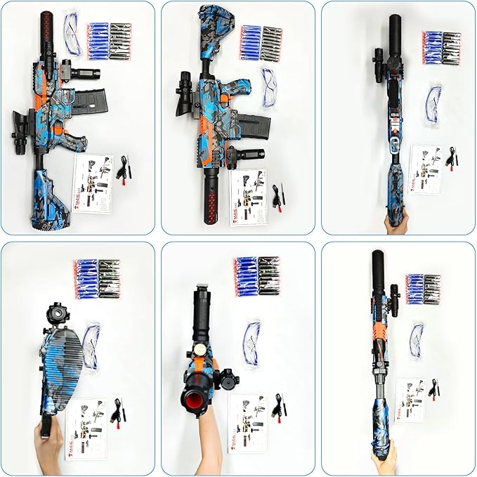 Automatic Toy Foam Blaster with Scope, Electric Toy Gun Dart Blaster with 120 Foam Darts for Nerf Guns, IR, Flashlight, Goggles, Air Pocket Technology Outdoor Shooting Game Kids Toys for 8-12 -Blue