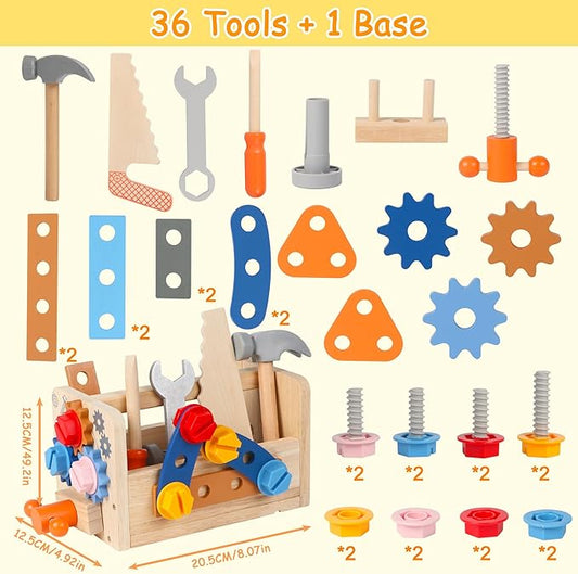Wooden Kids Tool Set, 38PCS Educational STEM Construction Toys for 3+ Toddler, Wooden Tool Bench Montessori Toy Tool Box for 3 4 5 YO Boys & Girls Birthday Gift (36Pcs)