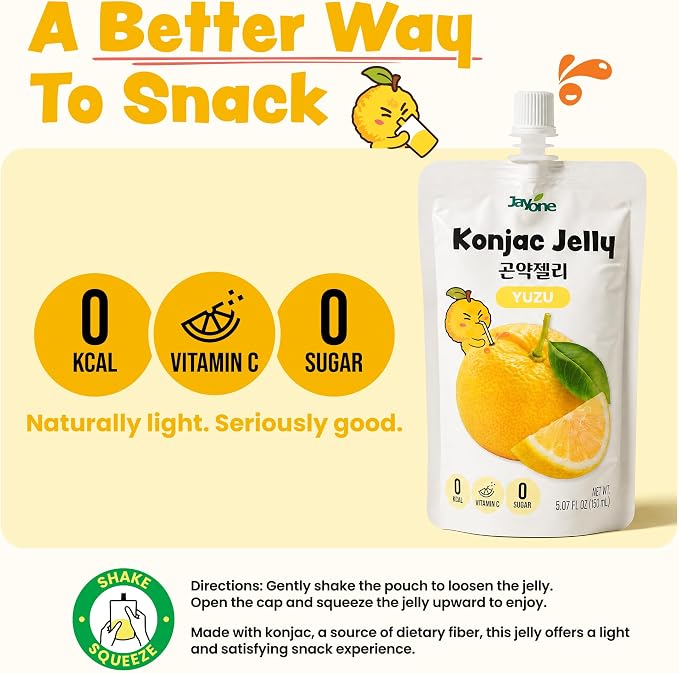 Jayone Drinkable Konjac Jelly Pouch - Yuzu Flavor, 10 Pack, 5.07 fl oz Each - Zero Sugar, 0 Calories, 17% Vitamin C, Halal, Made in Korea
