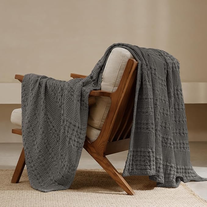 PHF 100% Cotton Waffle Weave Throw Blanket, Lightweight Breathable Summer Blanket for Couch Sofa, Pre-Washed Soft Throws for Bed, Office, Travel & Stylish Home Decor, 50"x60", Charcoal Grey