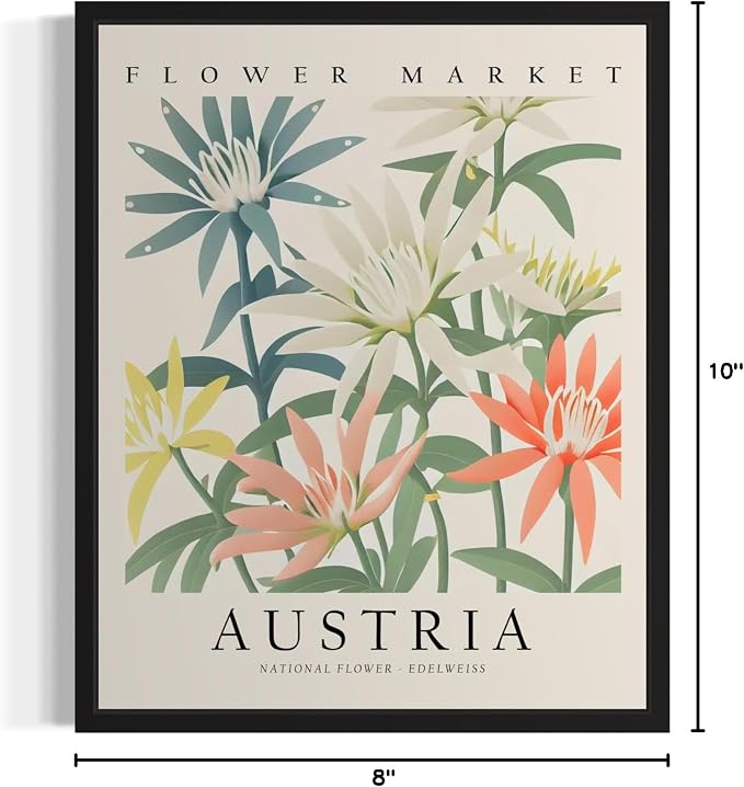 Austria, Edelweiss Art Print Poster, Flower Market Wall Art, Floral Artwork Decor for Bedroom, Kitchen, Bathroom, Livingroom Decoration 52 (Austria, Edelweiss, 10" L x 8" W, Black Frame)