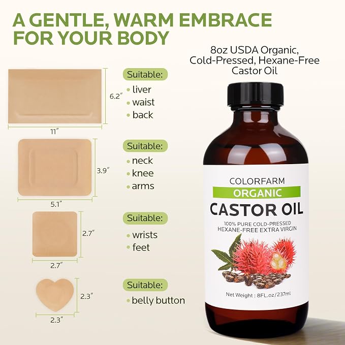 40 Pcs Castor Oil Pack Wrap: Organic Cold Pressed Castor Oil 8Fl Oz with Disposable Patches - Self-Adhesive Anti Leakage Patch for Liver Stomach Belly Button